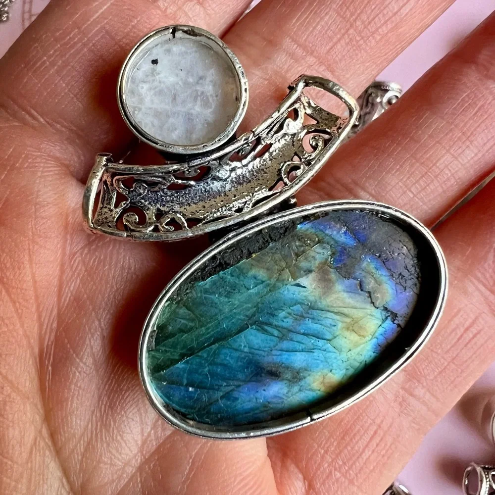 925 OMG OMG! Choose from 10! FLASH LABRADORITE + Moonstone Pendant Necklace - Picture 6 of 8